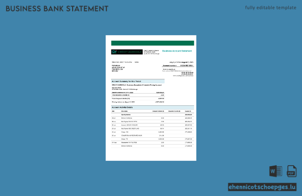 Beispiel-Kontoauszug des Girokontos der Credit Agricole Bank (Word- und PDF-Datei)